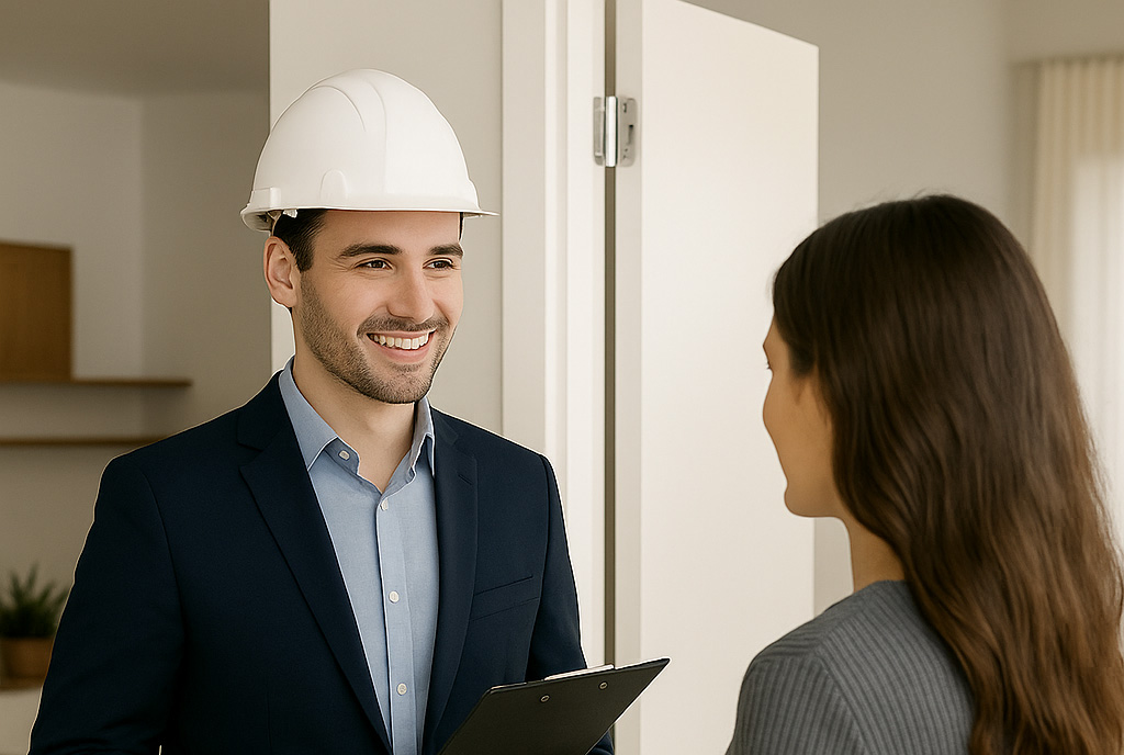 5-ways-img-2 A man wearing a hard hat and a suit speaking to a woman about the status of her build's occupied renovation